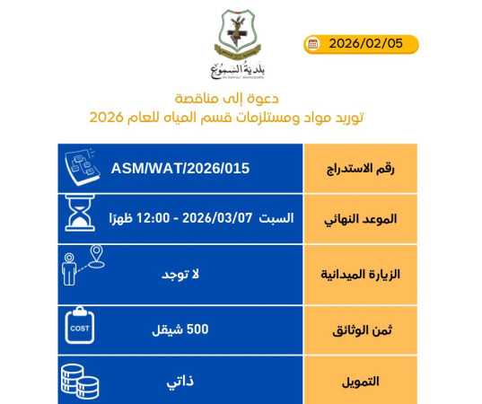 توريد مواد ومستلزمات قسم المياه للعام 2026
